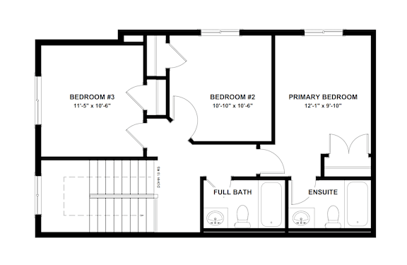 A black and white image of a floor plan for a home with three bedrooms, a full bath, and an en suite.