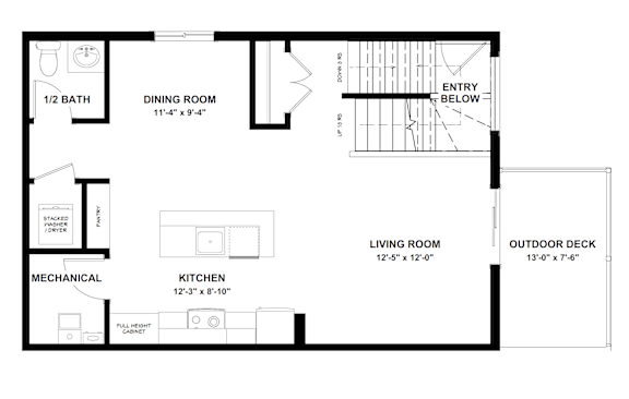 A floor plan of a small apartment with a living room, dining room, kitchen, and bathroom.