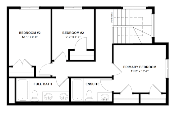 A black and white image of a floor plan for a home with two bedrooms, a full bath, and an ensuite.