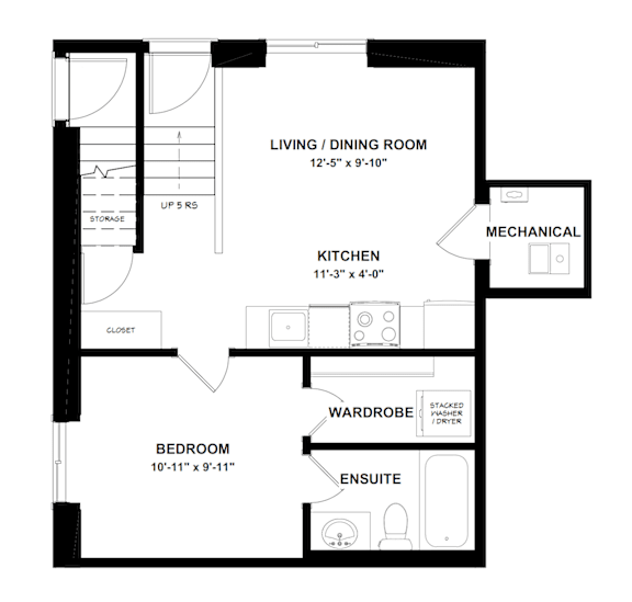 A black and white image of a floor plan for a small apartment.