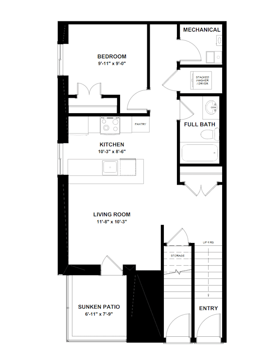 A floor plan of a home with a living room, kitchen, bedroom, and bathroom.