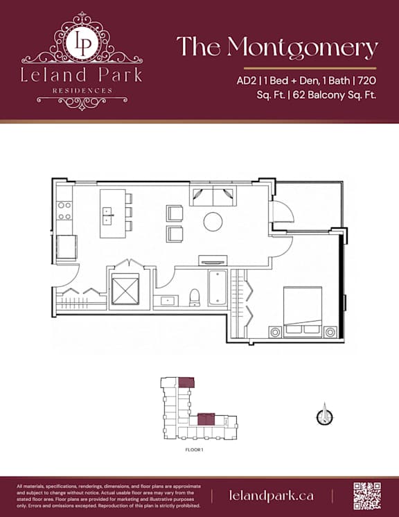 A floor plan for a residence at Leland Park shows a one bedroom, one bathroom apartment.