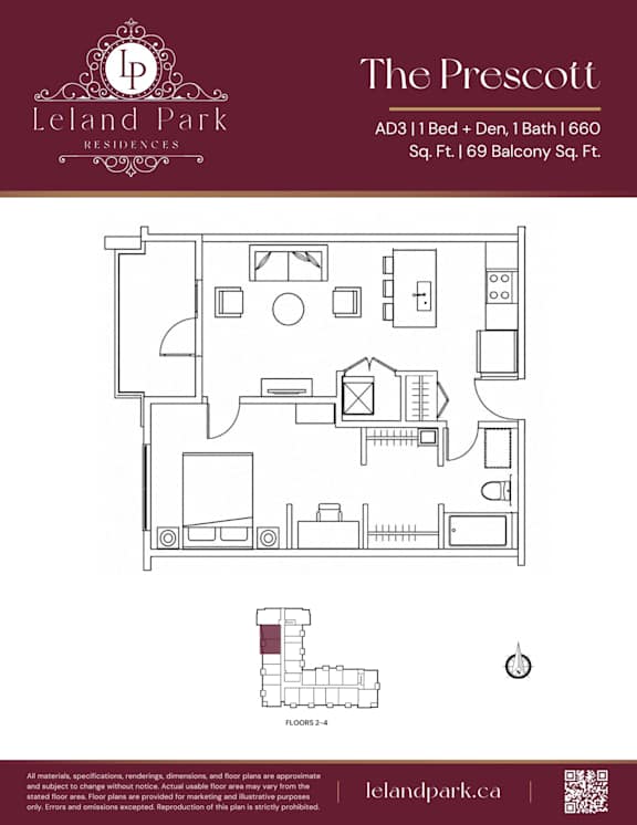 A floor plan for a residence at Leland Park shows a bedroom, bathroom, living room, and kitchen.