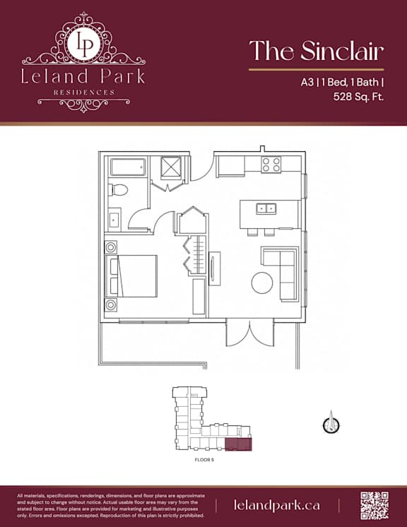 A floor plan for a one bedroom, one bathroom apartment at Leland Park Residences.