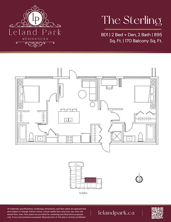 A floor plan for a residence at Leland Park shows a 2 bedroom, 2 bathroom apartment.