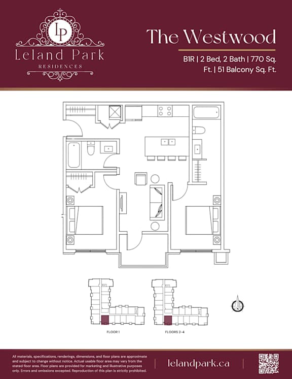 A floor plan for a residence at Leland Park shows two bedrooms, two bathrooms, and a balcony.