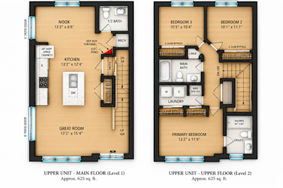 A floor plan of a two-story apartment with two bedrooms and a great room.
