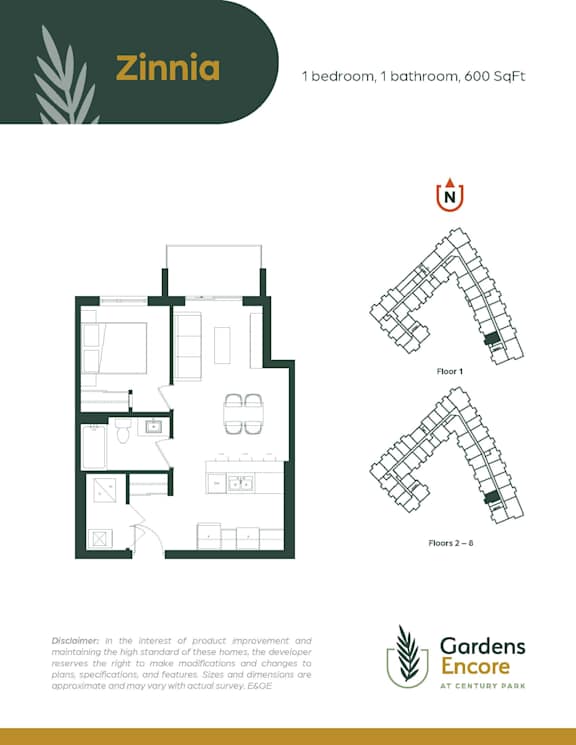 A floor plan for a property named Zinnia shows a 1 bedroom, 1 bathroom, 600 SqFt layout.