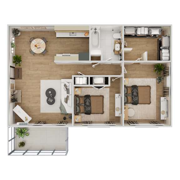 A top-down view of a small apartment with a kitchen, living room, and bathroom.