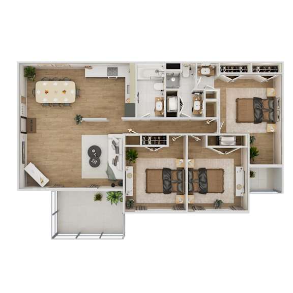 A top-down view of a modern apartment layout with a kitchen, living room, dining area, and bedrooms.