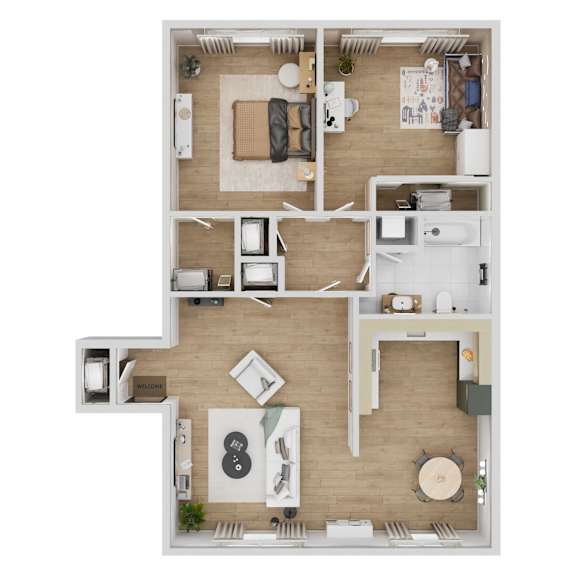 A top-down view of a small apartment with a kitchen, living room, and bedroom.