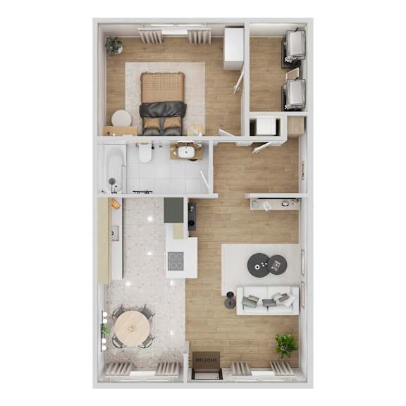 A top-down view of a modern apartment layout with a living area, kitchen, and bathroom.