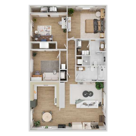 A top-down view of a modern apartment layout with a kitchen, living room, and bedrooms.