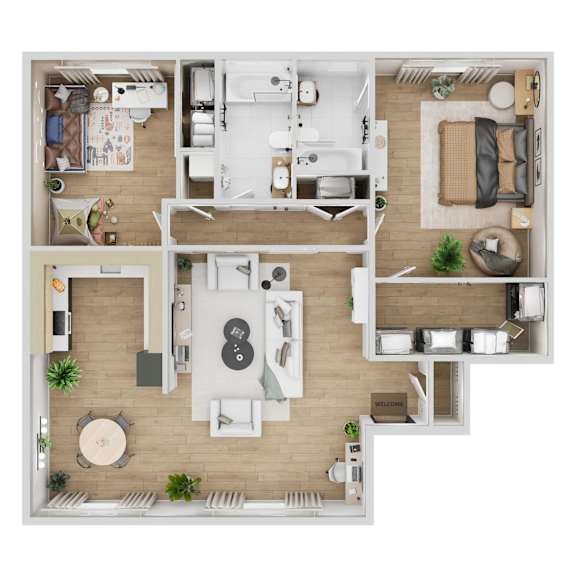 A top-down view of a well-organized apartment with a kitchen, living room, and bedroom.