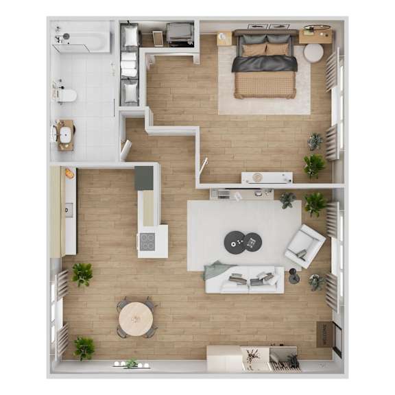A top-down view of a modern apartment with a living room, kitchen, and bedroom.