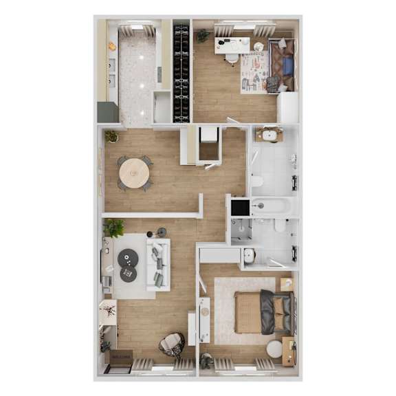 A top-down view of a small apartment with a kitchen, living room, and bedroom.