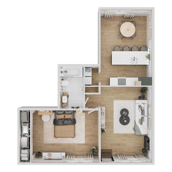 A floor plan of a small apartment with a kitchen, living room, and bathroom.