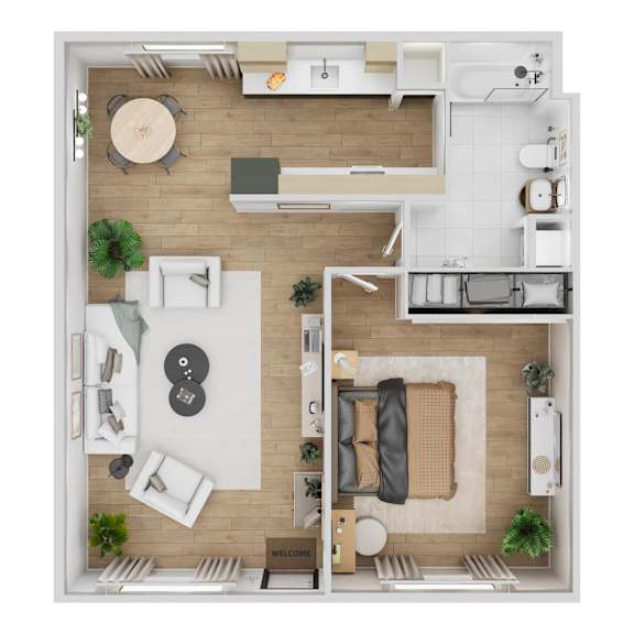A top-down view of a modern living room with a sofa, coffee table, and a dining area.
