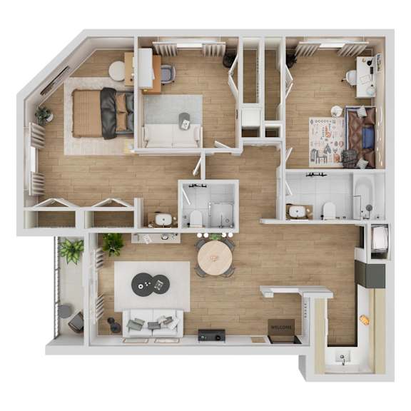 A top-down view of a modern apartment layout with a kitchen, living room, and bedrooms.