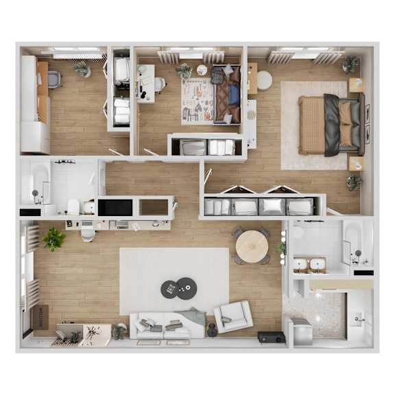 A top-down view of a modern apartment layout with a kitchen, living room, and bedrooms.