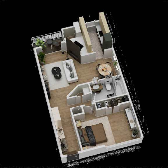 A 3D floor plan of a small apartment with a kitchen, living room, and bathroom.