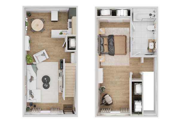 A top down view of a small apartment with a living room and bedroom.
