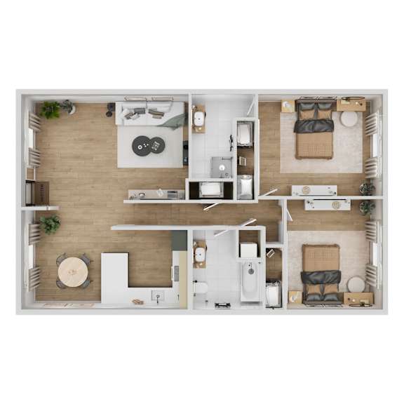 A top-down view of a modern apartment layout with a kitchen, living room, and bathroom.