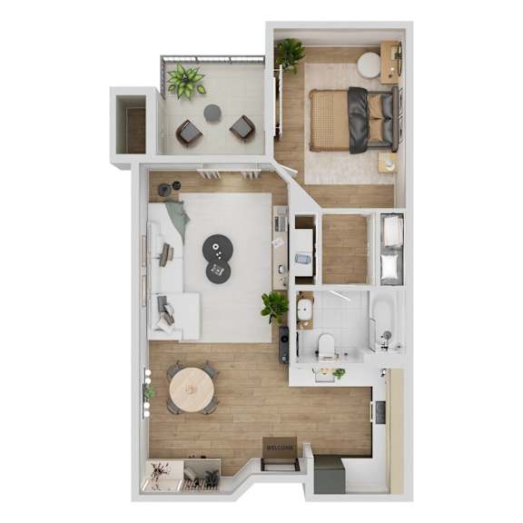 A top-down view of a modern apartment layout with a living room, kitchen, and dining area.