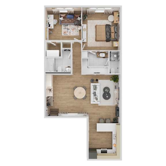 A floor plan of a small apartment with a kitchen, living room, and bedroom.
