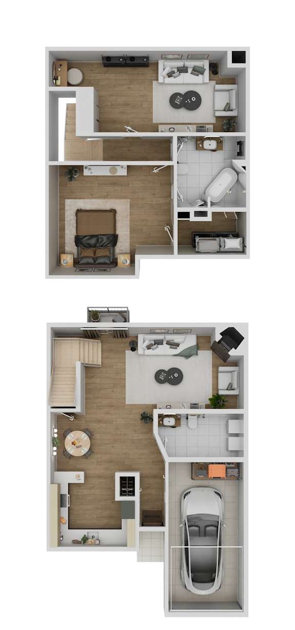 A floor plan of a two-story apartment with a living room, kitchen, and bedrooms.