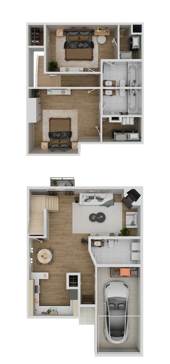 Two images of a house layout with a kitchen, living room, and bathroom.