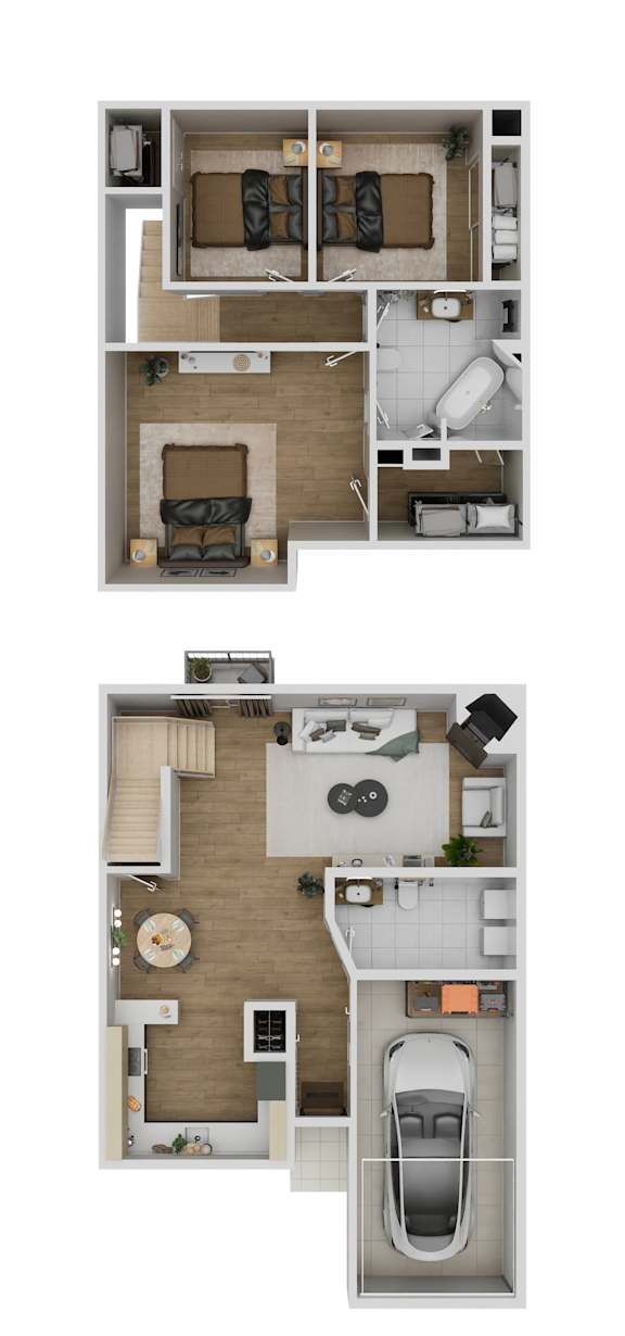 A floor plan of a two-bedroom apartment with a kitchen and living room.