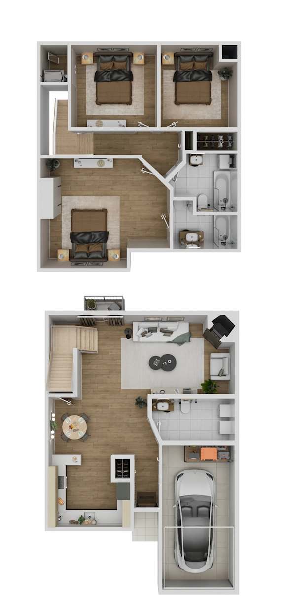 Two floor plan images of a house with a kitchen, living room, bedrooms and bathrooms.