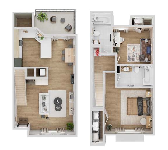 Two images of a house layout with a kitchen, living room, and bathroom.