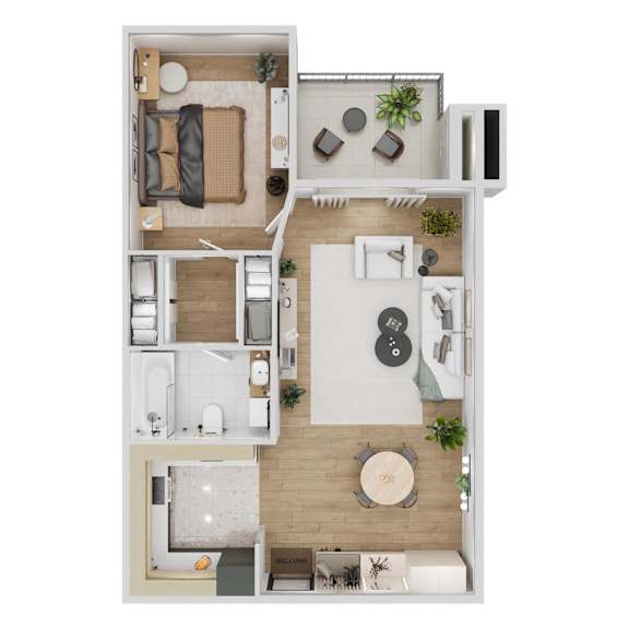 A top-down view of a small apartment with a living room, kitchen, and bathroom.