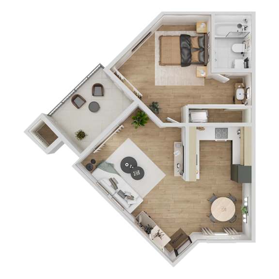 A top-down view of a small apartment with a kitchen, living room, and bedroom.