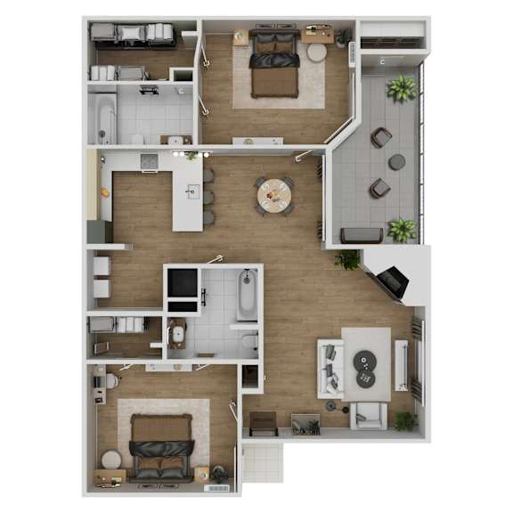 A top-down view of a living room, kitchen, and bathroom.