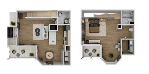 A floor plan of a two-story apartment with a living room, kitchen, and bedrooms.