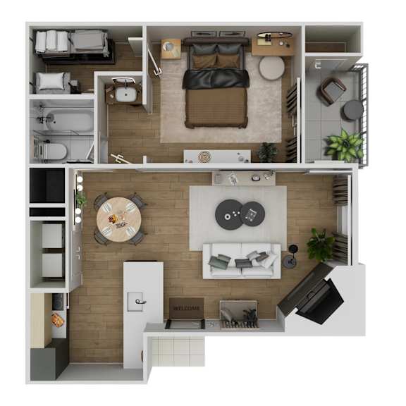 A top-down view of a small apartment with a kitchen, living room, and bedroom.