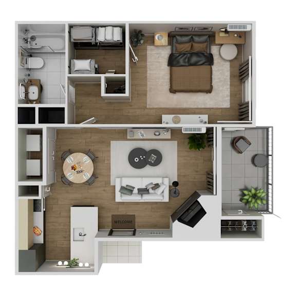 A top-down view of a small apartment with a kitchen, living room, and bathroom.