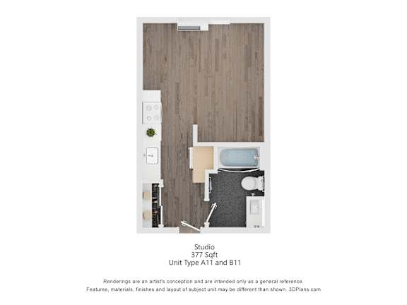 A 3D floor plan of a studio apartment with a kitchenette and a bed.