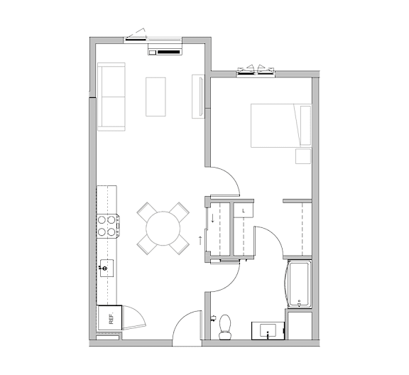 A floor plan of a house with a kitchen, living room, dining room, and bathroom.