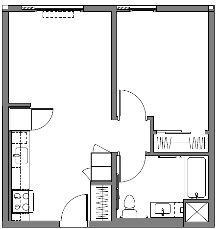 A black and white floor plan of a house with a kitchen, living room, and bathroom.