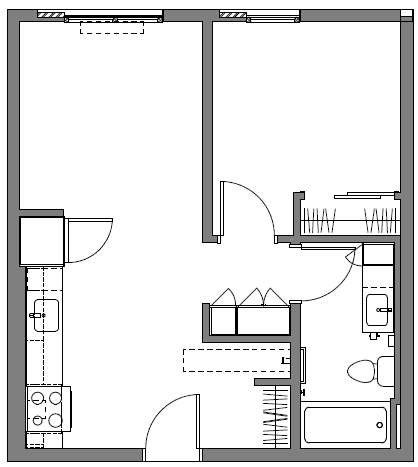 A floor plan of a house with a kitchen, living room, and bathroom.