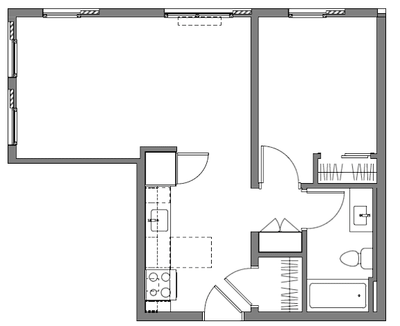 A floor plan of a building with a kitchen, living room, and bathroom.