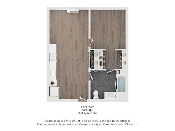 A 1 Bedroom 619 Sqft apartment with a wood panel wall and a bathroom with a toilet, sink, and bathtub.