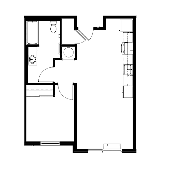 A black and white image of a floor plan with a kitchen, living room, and bathroom.