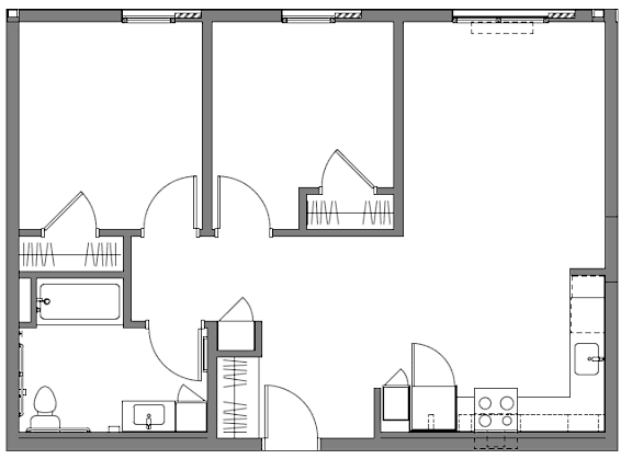 A black and white architectural floor plan with various rooms and structures.