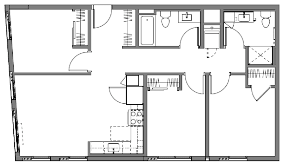 A floor plan of a house with a kitchen, living room, and two bedrooms.