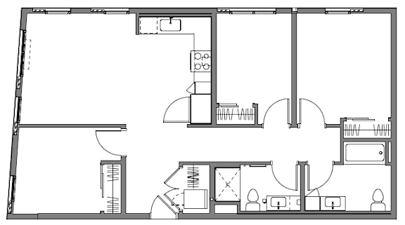 A black and white floor plan of a house with a kitchen, living room, dining room, and two bedrooms.